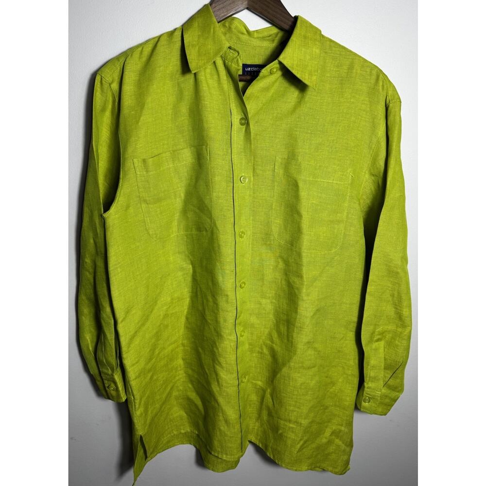 Liz Claiborne Lizsport Lime Green Linen Button Up Long Sleeve Shirt Small
